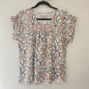 LOFT M V-neck Tan Floral Print Short Flutter Sleeve Linen Top